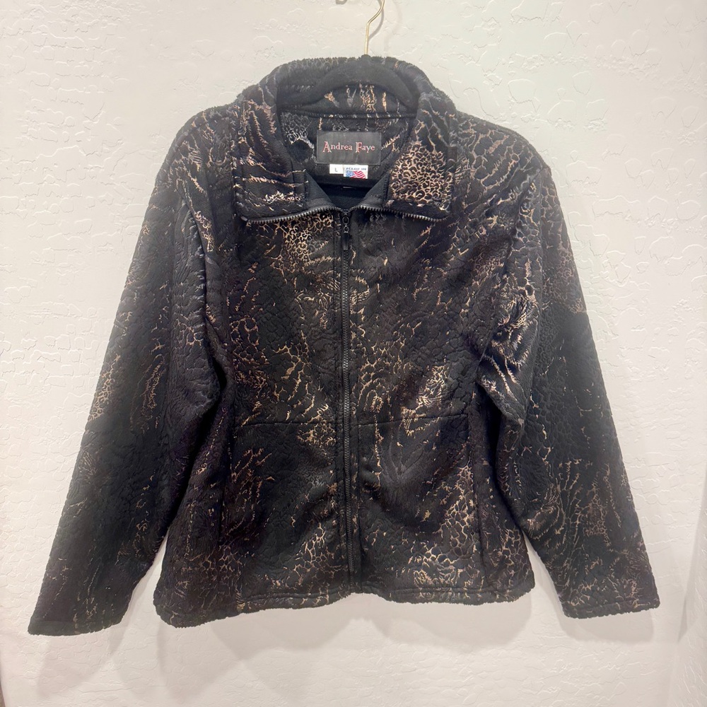 Andrea Faye Jacket Women’s Large Black Gold Burnout Vintage Animal Print Soft